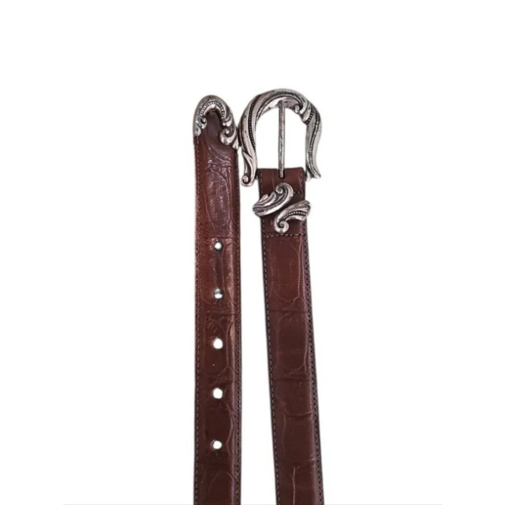 Brighton Vintage Leather Belt Women’s M Brown Silver Scroll Buckle Western USA